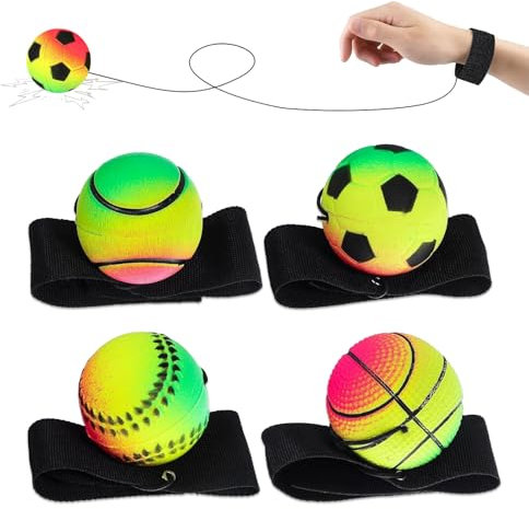 LEOINAER 4 Stück Handgelenk Return Ball Mit Schnur, Springball, Gummi Rebound Ball, elastisch langlebig ideal für Kinder & Erwachsene – ca. 6 cm Durchmesser