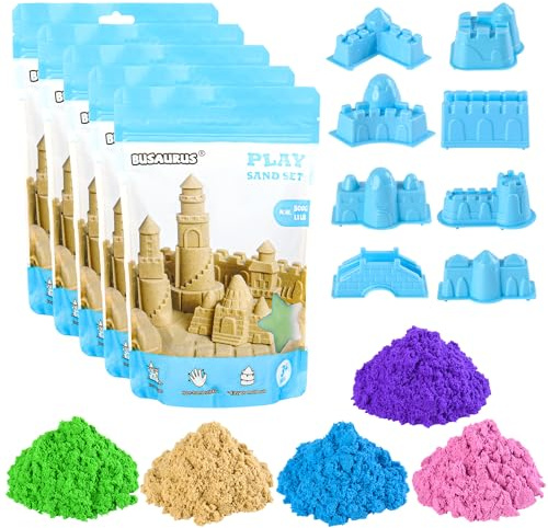Busaurus Coffret de jeu de sable coloré Magic Space - 2,5 kg de 5 couleurs avec 8 moules de château, faux sable moulable non collant, jouets sensoriels pour enfants de 3 ans et plus, facile à modeler