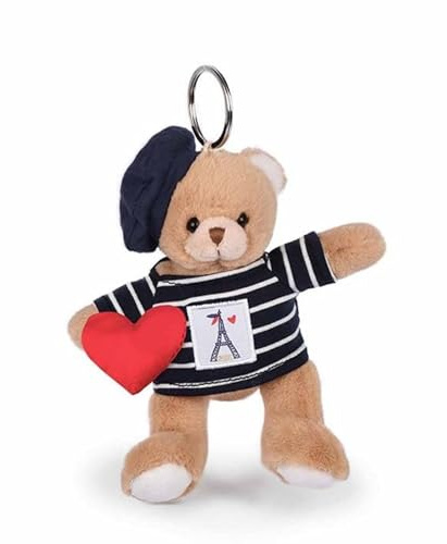 DOUDOU ET COMPAGNIE - Porte-Clés Peluche Ours Marinière Tour Eiffel - 14 Cm - Collection Amour de Paris - avec Béret & Cœur - Mini Peluche Accessoire pour Sacs - Idée Cadeau Souvenir Paris - SP4280