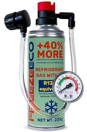 FREEZEECO HOBBY réfrigérant de remplacement r134a pour climatisation automobile -1 boîte 2en1, 235g avec conduite intégrée et manomètre
