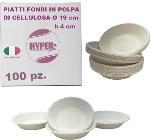 HYPER form Piatti Fondi in Polpa di Cellulosa, 19 cm, 4 cm Altezza, 100 Pezzi, Biodegradabili, Made in Italy (100)