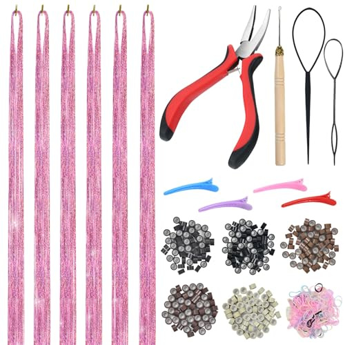 Vlasy Hair Extensions Tools Kit, 6 PCS 48 Inch Hair Tinsel Kit with Pliers, Pulling Hook Needle and 250 PCS 5mm Silicone Micro Beads, Fairy Tinsel Extensions and Hair Glitter Strands(Pink)