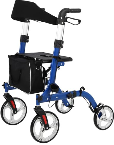 Rollator Rollstuhl 3-in-1, Faltbarer Rollator mit Fußstützen, Sitz & Gummireifen, Leichtgewicht Gehwagen Tragkraft 180kg, Transport-Stuhl mit Bremssitz und Rückenlehne für Senioren (Silbernes Kernrad)