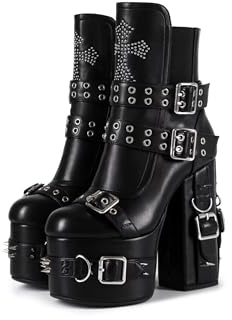 Frankie Hsu Handgjord gotisk tjock plattform ankel högklackad stövel, svart mörkt spänne kors punk gotisk Y2K heta coola flickskor för kvinnor män, Svart, 7 US