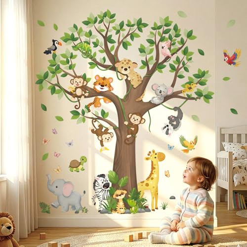 DECOWALL Pegatinas Murales de Animales del Árbol – Diseño con Monos, Jirafa, Cebra, Elefante y Koala para Decoración Infantil (SG4-2504)