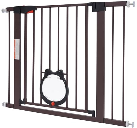 Barreras protectoras para perros, para escaleras, sin necesidad de taladrar para cercas de mascotas, rejilla de cierre para perros con puerta para gatos, para anchos de 75 – 96 cm (café, 72 x 76 cm)