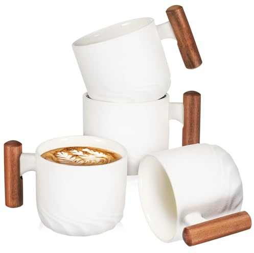 BESPORTBLE Lot de 4 Tasses à Café en Céramique Blanche Miniatures avec Anse en Bois Mugs à Expresso Compacts pour Maison et Bureau Service de Table Élégant et Naturel