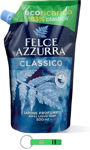 Felce Azzurra Sapone Liquido Classico Ricarica 24×500ml - Eco-Refill - 83% Plastica - Sapone delicato per le mani con profumo di culto dall'Italia + Portachiavi Beni Culinari