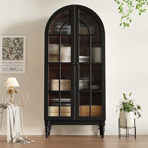 DACHETOU Hoher Bogen-Aufbewahrungsschrank, 76×38.5×165cm, für Küche und Wohnzimmer, Küchenschrank, Vitrine mit Glastüren, Schrank mit Holzmaserung