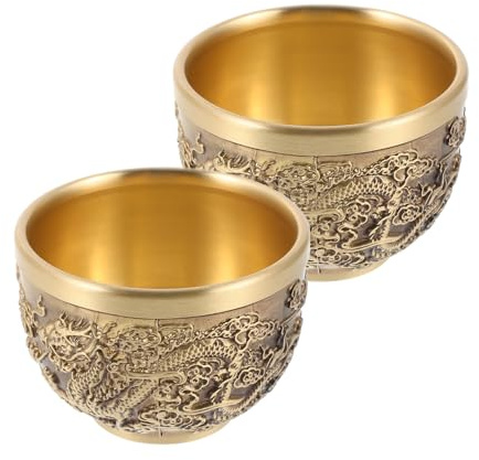 POPETPOP 2 Tazas Vintage de Cobre Diseño Dragón y Fénix, Estilo Chino Antiguo, Resistentes y Decorativas para Té y Licor, Paquete de 2 Piezas