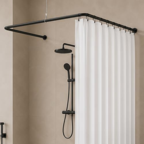 Duschvorhangstange U Form & L Form Verstellbare Duschstange Edelstahl Eckstange mit Vorhangringen und Deckenstütze für Badewanne Dusche (Schwarz TypA)