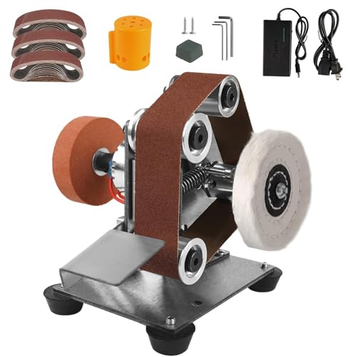 Mini Electric Belt Sander Knife, Sharpener Sanding Machine, Small Bench Grinder Kit 7 Speed Adjustable Power Polisher DIY Polishing Grinding Tool for Knife Making, Wood Metal Working,Silver