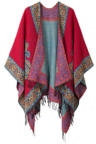 Schicker Damenponcho, Vintage-Umhang mit Schal und Quasten, traditionelles Muster Gr. One size, series 2 Red