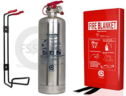 Chrome Silver Finish FSS UK Plus 1 KG ABC Dry Powder FIRE Extinguisher. CE Marked. Multi Purpose. FIRE Rating 8A 21B C + KITEMARKED FIRE Blanket