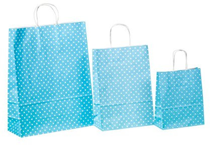 250 Kordel Papiertragetaschen Einkaufstüten aus Papier Geschenktüten mit Papierkordel Henkel Blau Hellblau mit weißen Punkten Pünktchen Polka Dots Verschiedene Größen zur Auswahl (32+12x40cm)