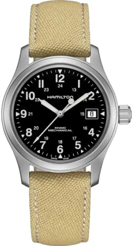 Hamilton Khaki Field - Reloj mecánico para hombre, caja de acero inoxidable de 38 mm, fabricado en Suiza, esfera negra, reloj de pulsera analógico para hombre, resistente al agua hasta 50 m, cristal