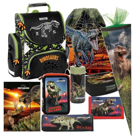 Dinosaurier Dino 9 Teile Set T- Rex Schulranzen Ranzen Tasche TORNISTER Geldbeutel SCHULTÜTE 85 cm Federmappe mit Sticker-von-Kids4shop