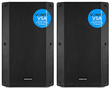 VONYX VSA12 Active PA Speaker System Pair - 1600W Bi-Amplified 12-Inch DJ Speakers with Mic, Guitar & Line Inputs, Stage Monitors & Tripod Mounting for Live Performance, Events & Parties