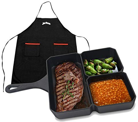 Jim Beam Gusseisenpfanne 3-in-1 - viereckige Pfanne mit drei Kammern für Fleisch, Gemüse, Saucen - Set inkl Grillschürze