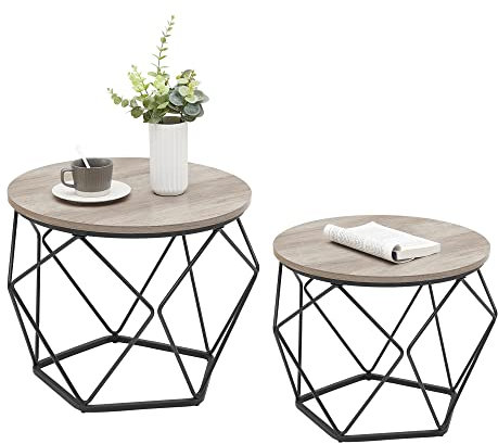 VASAGLE Couchtisch rund, 2er Set, Wohnzimmertisch, Beistelltisch, Vintage-Flair, abnehmbare Tischplatte, für Wohnzimmer, greige-tintenschwarz LET040B02