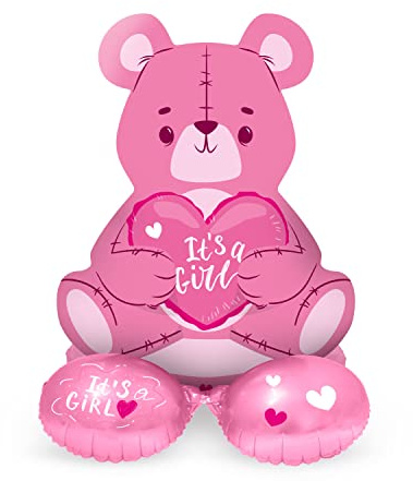 Folat 65861 Luftballons Bär Madchen Rosa 61 cm - Stehender Ballon, süßes Ballon-Set, Baby Girl Luftballon, Folienluftballon für Babyparty, Geburt, Kindergeburtstag, Geschenk-Deko
