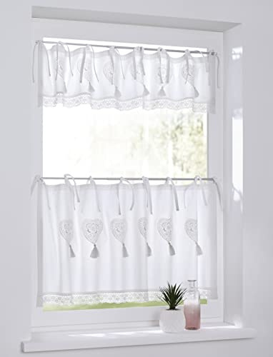 Rideau cantonnière nouettes Voilage Camille coton blanc cœur dentelle brodée largeur 120 cm x hauteur 50 cm