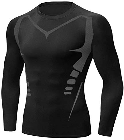 Terecey Maglia a Compressione Uomo Manica Lunga Maglia Termica Uomo Ad Asciugatura Rapida Maglie Tecnica Traspirante Maglie Sportiva Palestra T-Shirt Nero-3XL