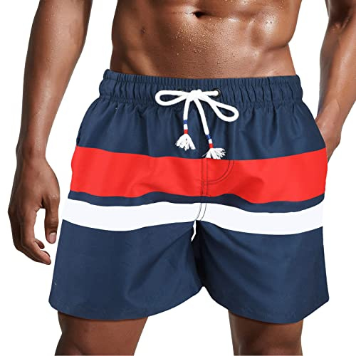 Danfiki Badshorts för män, badbyxor, snabbtorkande strandshorts, surfshorts, med meshfoder, Röda och vita ränder, L
