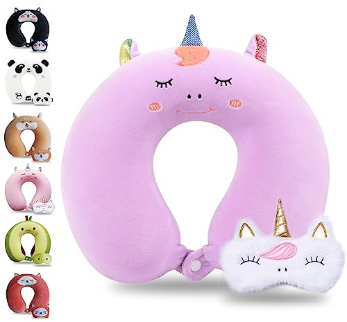 Sexysamba Cartoon Headrest & Neck Pillow for Kids Boys & Girls, Teens, Travel Accessories for Airplane, Car, Recline, Memory Foam Cute Travel Pillow with Sleep Eye Mask - Purple Unicorn