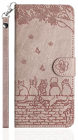 Butnyeoe Cover per iPhone 12 mini Libro,Gatti/Fiori Motivo in Rilievo Custodia,PU Pelle Protettiva Portafoglio Flip Wallet Case Con Slot per Schede e Magnetica Supporto,Rosa-Viola