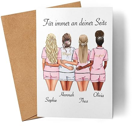 Kiddle-Design Brautjungfer Karte Personalisiert Name Braut & 3 Trauzeuginnen | Frage & Danke-Geschenk für Freundinnen Brautjungfern & Brautparty