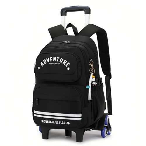 Rolling Backpack for Girls Roller Backpack with Wheels Kids Trolley School Bag Wheeled Bag, 02 Black, 6 Wheels, Rolling Backpack