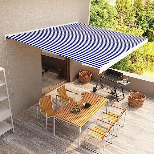 TerassenüBerdachung,Gelenkarmmarkise Manuelle Kassetten-Markise 450x300 cm Blau Und WeißIdeal FüR Den Einsatz Im Freien, FüR TüRöFfnungen, Terrassen, Balkone Und Fenster
