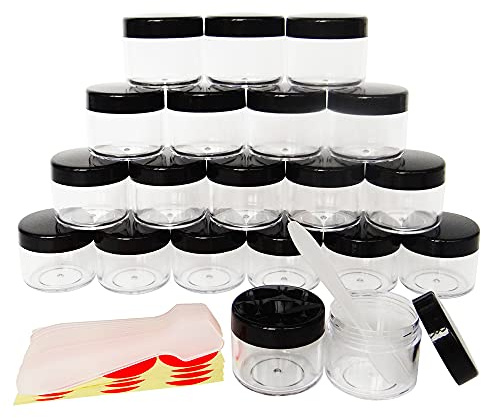 Wopanxye 20 Stück Döschen, 20ml Leer Klein Kunststoff Cremedose - für Kosmetikdose, Lippenbalsam Döschen, Nailart Döschen, 20g Makeup Jars Mit Schwarz Schraubdeckel, 20 Stück Mini Spatel & Label