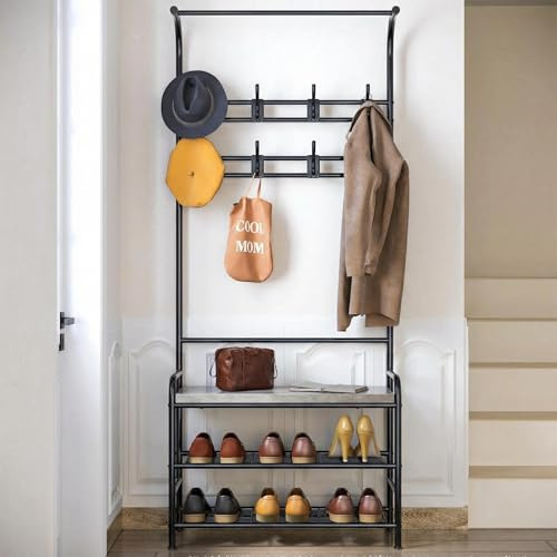 HAUSPROFI Garderobenständer mit Schuhbank, 4-in-1 Kleiderständer Garderobe mit Hängestange, Garderobenständer Metall mit 3 Ablagen & 8 Doppelhaken, Kleiderständer Stabil für Flur, Eingang, Wohnzimmer，