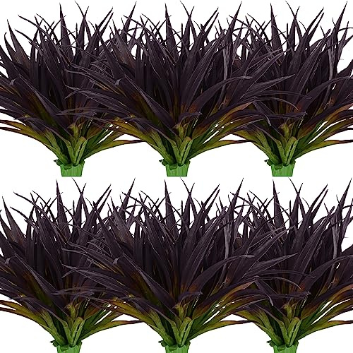 Dehoxara 24Pcs Artificial Grass Plant Fake Outdoor Plastic Plants UV Resistant Faux Grasses Greenery Shrubs for Window Box Garden Patio Porch Home Decor Deep Purple