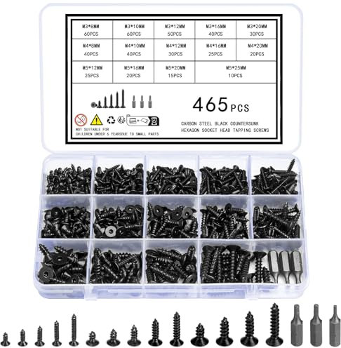 Vwoqiy 465 Pcs Wood Screws Assortment, M3 M4 M5 Flat Head Self-Tapping Screws Metal, Countersunk Head Hex Socket Head Cap Screw for Wood, Doors, Mechanical, Black, with 3 Bits
