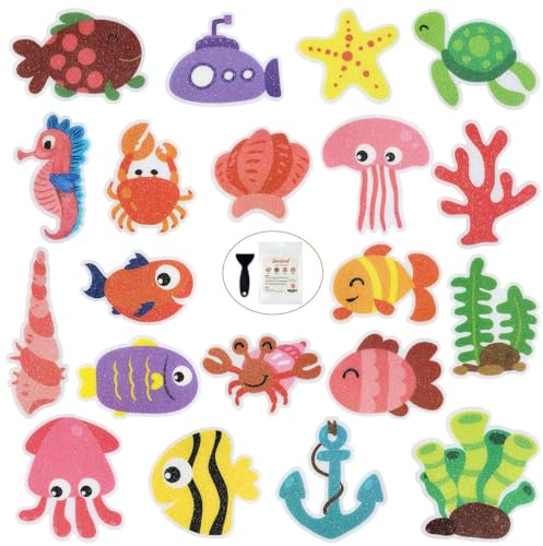 Secopad Non Slip Bathtub Stickers, 20pcs Submarine Sea Creature Adhesive Kids Anti Slip Decal Treads for Shower and Bath Tub with Premium Scraper