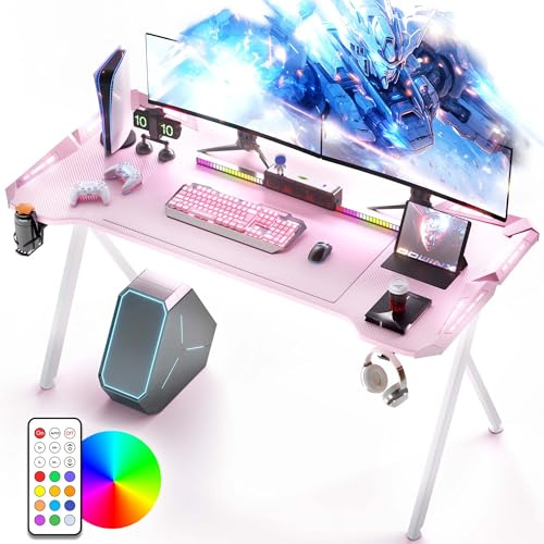 Dowinx Tavolo da gioco con LED, RGB Gaming Computer in fibra di carbonio, scrivania da LED con telecomando, 160 cm, rosa