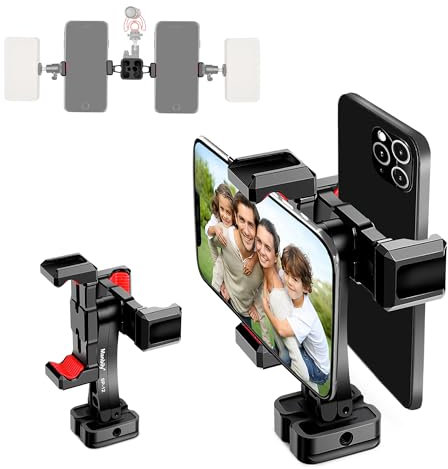 Manbily Support de trépied pour téléphone, adaptateur de support de smartphone en métal avec double support de téléphone, pivotant à 360 ° pivotant à 180 °, pince à clip réglable compatible avec les
