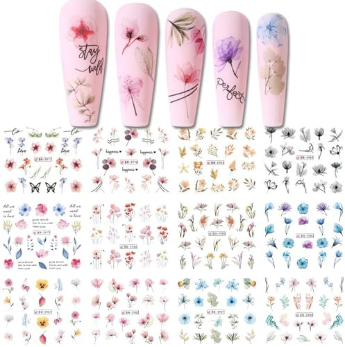 Bzzerumy Nagelsticker Selbstklebend -12 stück Blumen und Sommer Nagel Sticker Set, Perfekte Nagelaufkleber und Nageltattoos für Kreative Nailart, Einfach zu Verwenden, Langanhaltend