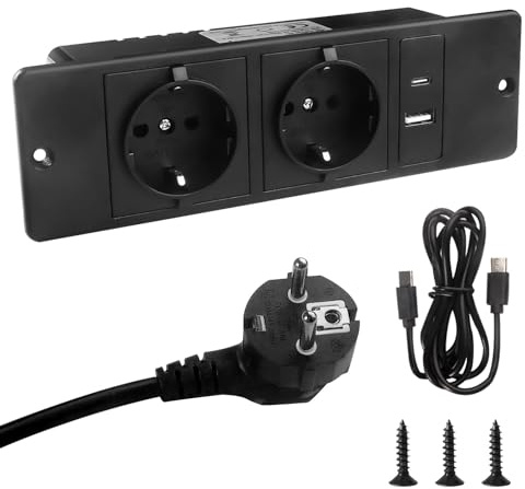 Getyjoe Enchufe Empotrable Mesa, Toma de Sobremesa, Regleta Empotrable | 2 Enchufes con 1 USB y 1 Type-C 1,5m Cable para Muebles o Superficies de Trabajo (Negro PD20W)