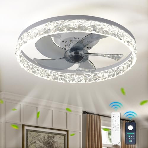 20 Modern LED Ceiling Fan with Lights Dimmable Acrylic Dimmable Low Profile Ceiling Fan Flush Mount Bladeless Chandelier Fan Stepless Color Temperature Change and 6 Speeds (White)