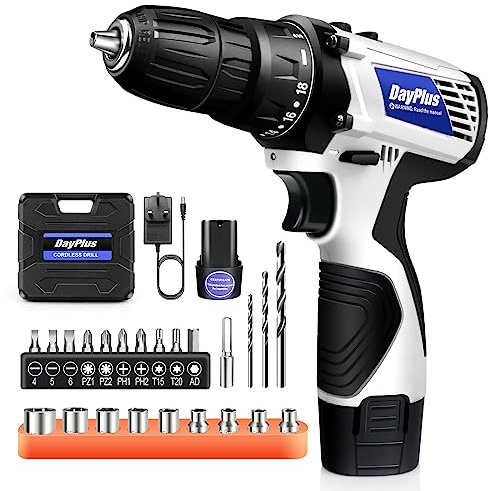 Cordless Drill Driver 16.8V, Electric Screwdriver Drill with 2 Batteries 1.5Ah, 18+1 Torque, 45N.m Max Small Electric Drill, 23Pcs Drill Bits, 2 Speed, LED Light for Home and Garden DIY Project, White