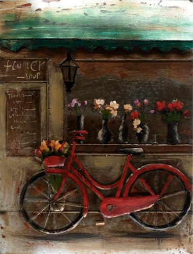 Handgefertigtes Metallbild Flower Bike Rot ca. 60x80 cm Kunst Bild 3D-Optik Wandbild