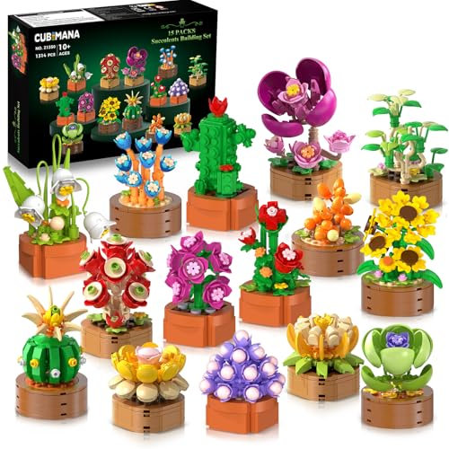 15 Blumen Pflanzen 3.6MM Mini Bausätze Spielzeug – 1314 Stück Sukkulenten Klemmbausteine Set für Büro Heimdekor, Botanical Baustein Kreatives Blumenbauen für Muttertag Geburtstag Erwachsene Frauen
