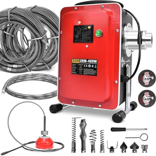 16mm 26,5M Elektrische Rohrreinigungsmaschine 400W 450U/min mit FI-Schalter für Ø30-100mm Rohrleitungen, Rohrreinigungsgerät Rohrreiniger Abflussreiniger, Rohrreinigungsspirale Ø10mm 5M Spiralen