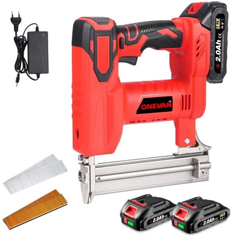 ONEVAN Akku Tacker und Nagelpistole, 2-in-1 Elektrotacker & Akku Nagler mit 2 2000mAh Akkus, 80 Nägel/min, Nagelschussgerät Akkutacker für Holz, inkl. 100 Nägel 30mm und 100 Klammern 22mm