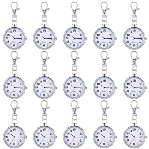Outus 15 Pcs Nurse Pocket Watch Quartz Round Pin Clip Buckle, Silver White