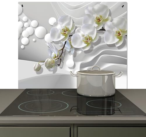 KitchenYeah© Spritzschutz Herd Küchenrückwand Vinyl Küchendeko Wand | 60x52 cm - Wandverkleidung, Herdabdeckplatten Weiß - Blumen - Orchidee - Abstrakt - Modern